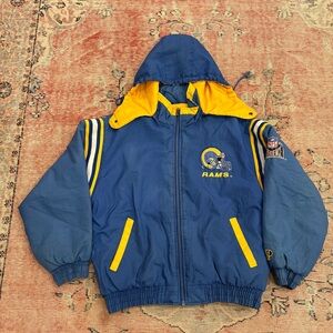 Vintage LA Rams Pro Player Jacket L NFL Experience Hooded Puffer Blue Yellow 90s